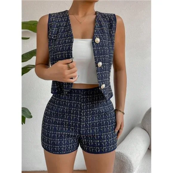 Plaid Print Button Front Vest Blazer & Shorts